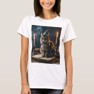Camiseta Vintage Witch Cat com Spellbook e Velas -