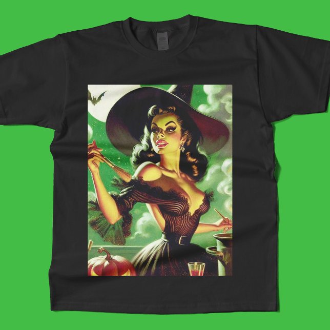 Camiseta Vintage Witch Halloween Pin-Up (Criador carregado)