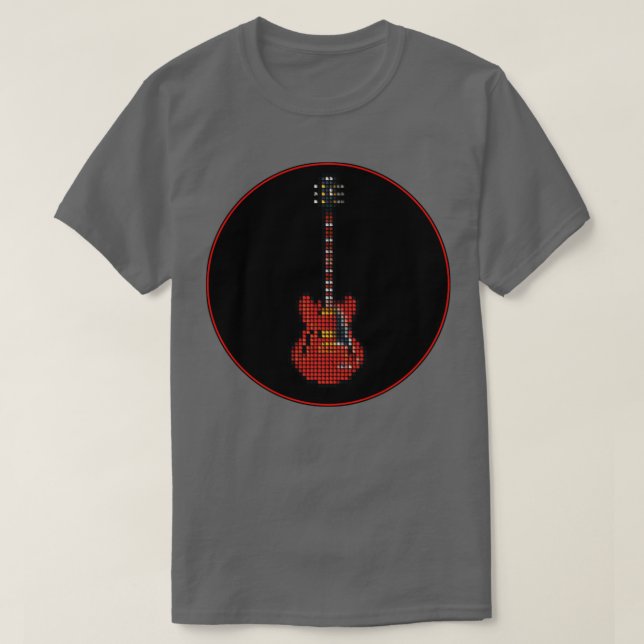 Camiseta Violão Vermelho de Pixel em um Círculo Negro (Frente do Design)