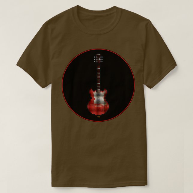 Camiseta Violão Vermelho de Pixel em um Círculo Preto (Frente do Design)