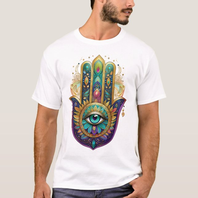 Camiseta Violet Green Gold Petals Hamsa Turquoise Third Eye (Frente)