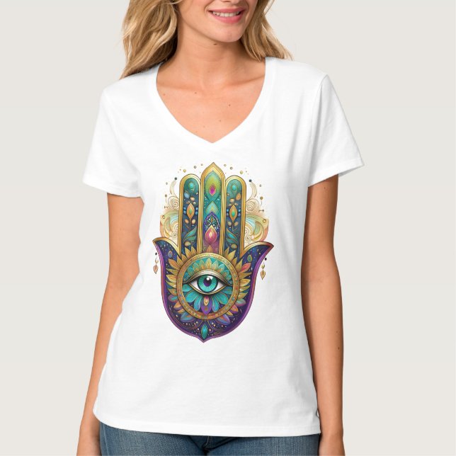 Camiseta Violet Green Gold Petals Hamsa Turquoise Third Eye (Frente)