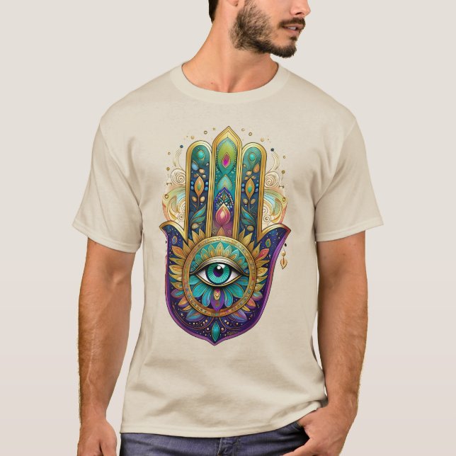 Camiseta Violet Green Gold Petals Hamsa Turquoise Third Eye (Frente)