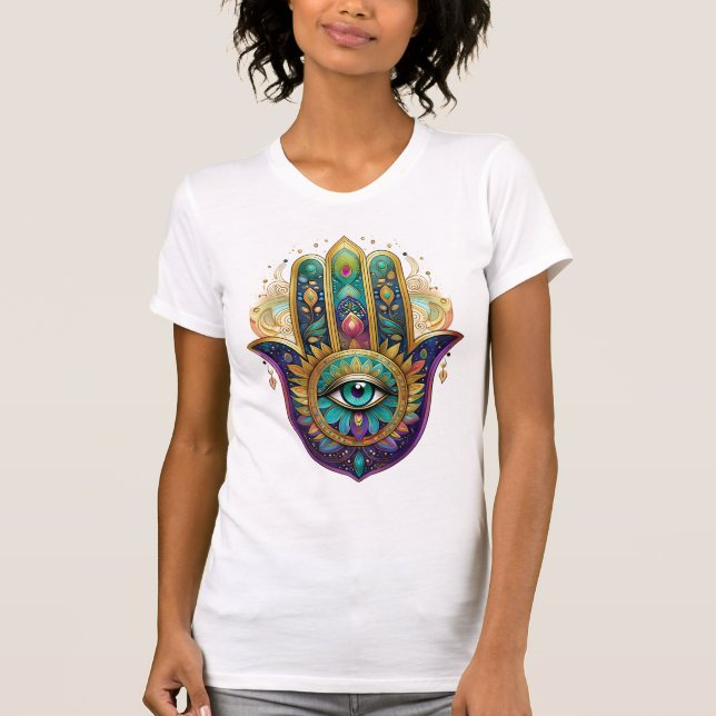 Camiseta Violet Green Gold Petals Hamsa Turquoise Third Eye (Frente)