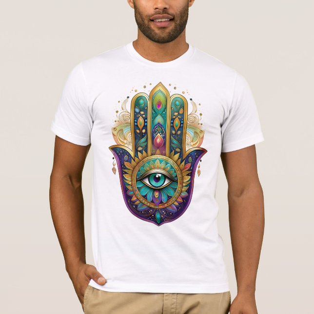 Camiseta Violet Green Gold Petals Hamsa Turquoise Third Eye (Frente)