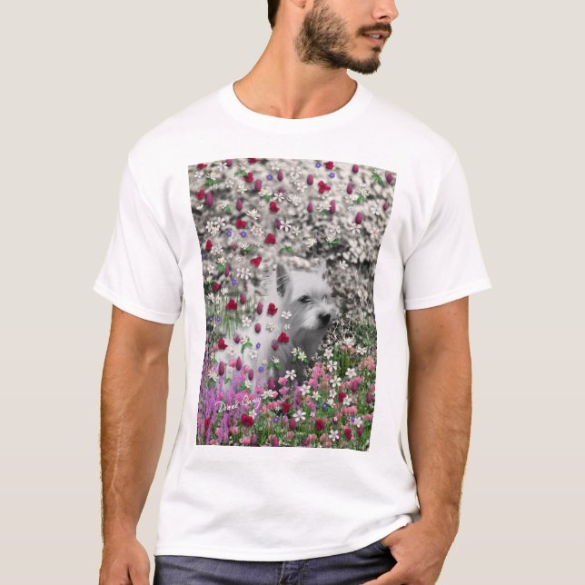 Camiseta Violeta nas flores - cão branco de Westie (Frente)