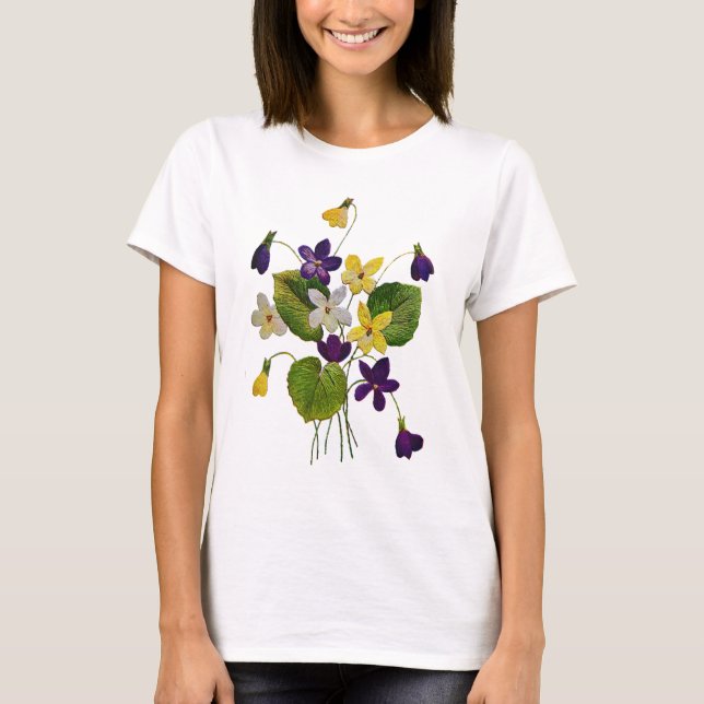 Camiseta Violetas Selvagens Assortadas Feitas em Bordados d (Frente)