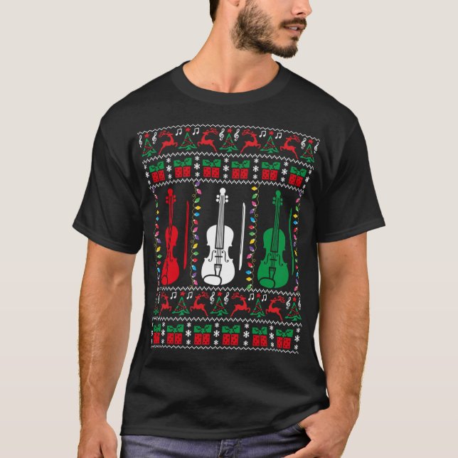 Camiseta Violin Ugly Christmas Sweater Violinista Família X (Frente)