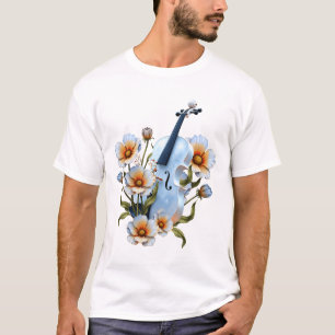 Camiseta Violino Branco com Flores - Música e Natureza Eleg