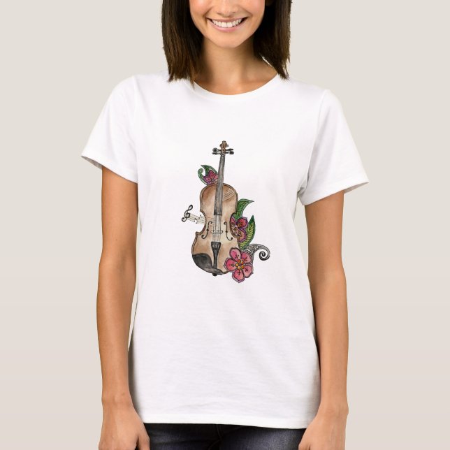 Camiseta Violino com Flores - Camisa-T feminina (Frente)