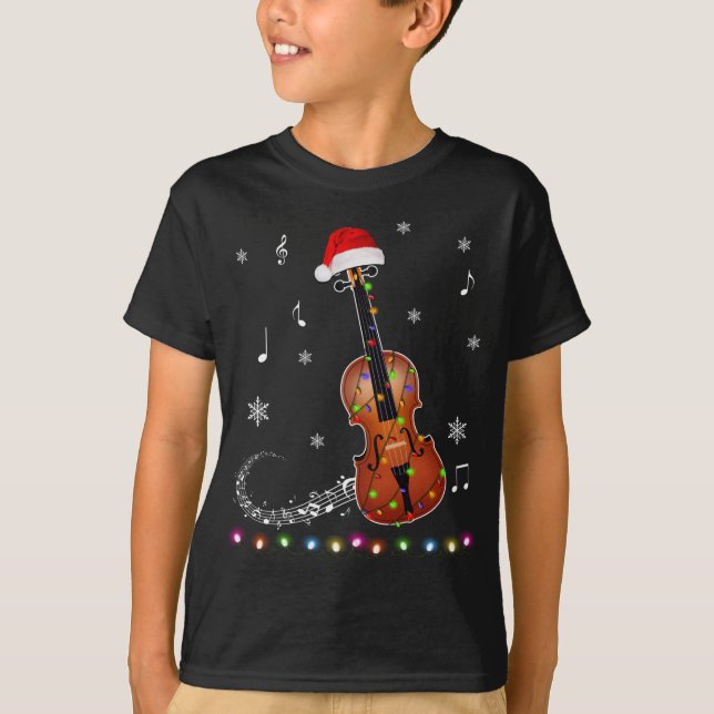 Camiseta Violino Instrumento Santa Hat Luzes De Natal Xmas (Frente)