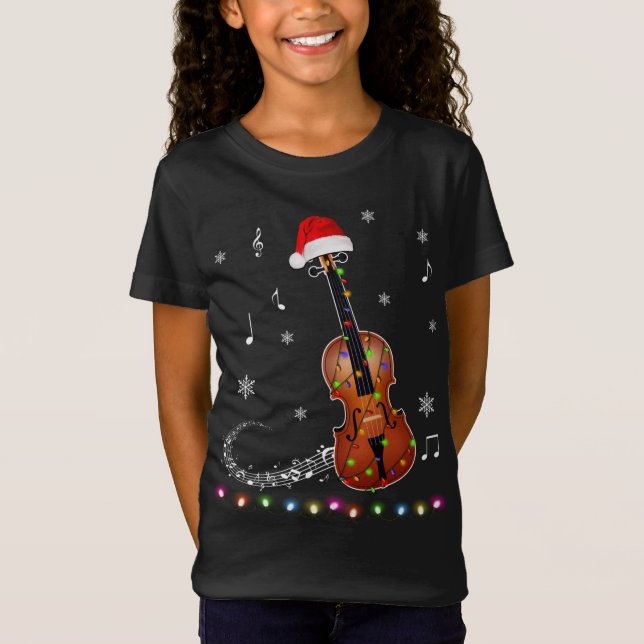 Camiseta Violino Instrumento Santa Hat Luzes De Natal Xmas (Frente)