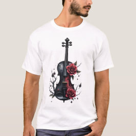 Camiseta Violino preto gótico com rosas vermelhas