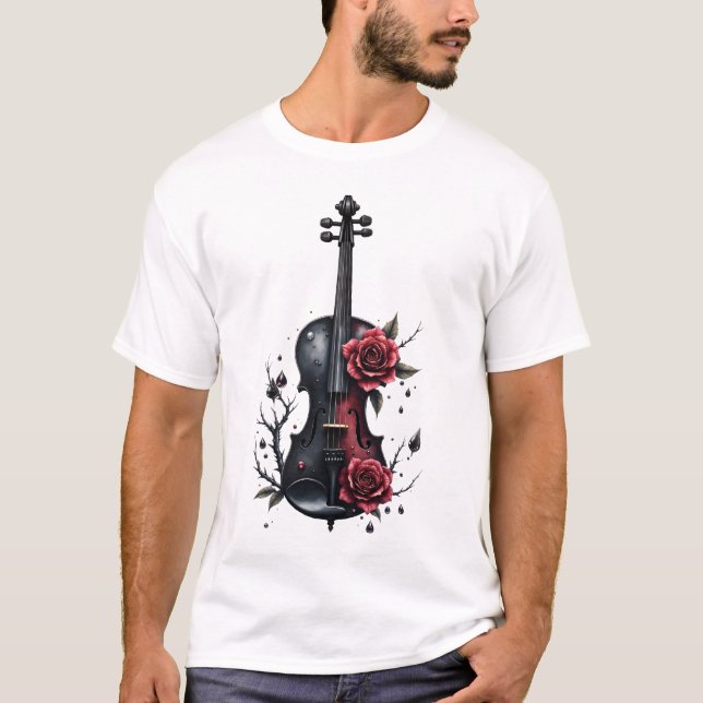 Camiseta Violino preto gótico com rosas vermelhas (Frente)