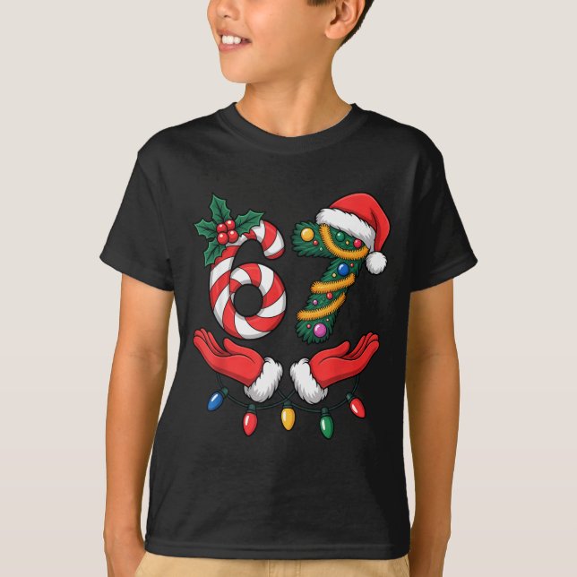 Camiseta Viral 67 Hands Gesture Candy Canes Santa Holiday K (Frente)