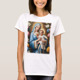 Camiseta Virgem Abençoada Maria e Jesus Bebê