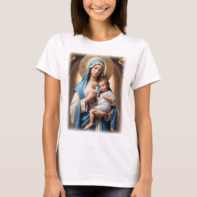 Camiseta Virgem Abençoada Maria e Jesus Bebê (Frente)