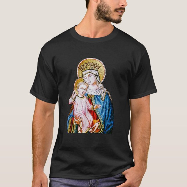 Camiseta Virgem Abençoada Maria segurando Jesus bebê (Frente)