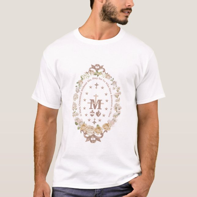 Camiseta Virgem Católica Marian Mary, Marian Cross Floral (Frente)