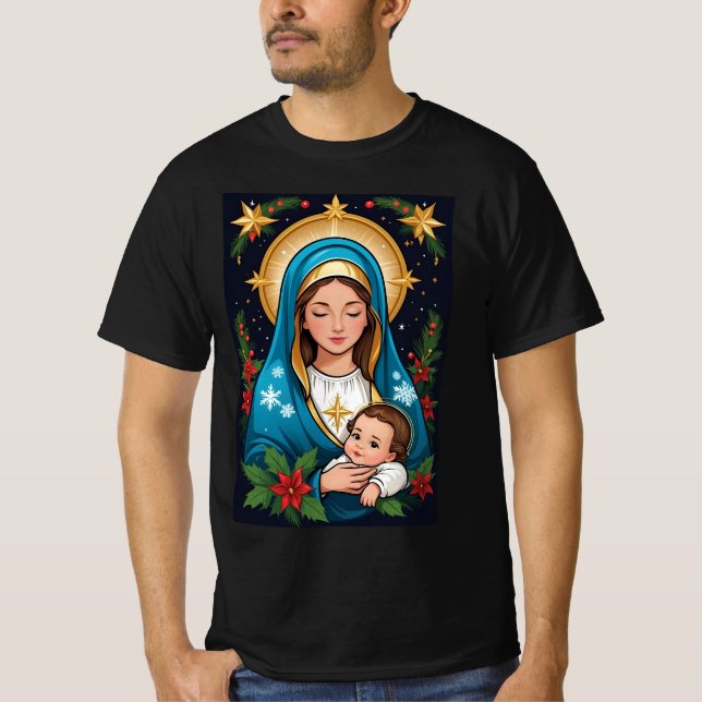 Camiseta Virgem Católica Romana Cristã Maria Natal (Frente)
