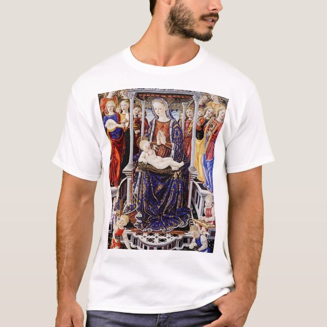 Camiseta Virgem e Criança com Anjo Fazer de Música (Frente)