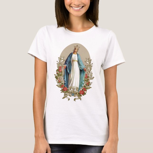 Camiseta Virgem Elegante Mary Floral Rosa Católica (Frente)