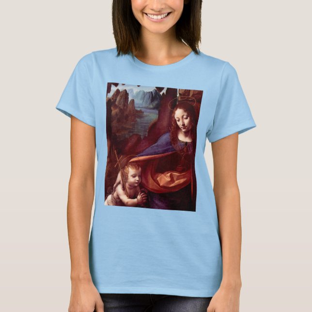 Camiseta Virgem (Madona) de Leonardo da Vinci das Rochas (Frente)