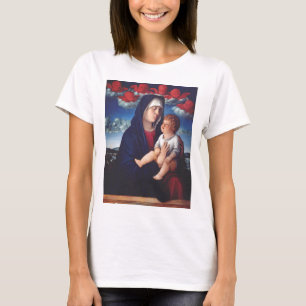 Camiseta Virgem Maria com Jesus bebê e cereias vermelhas