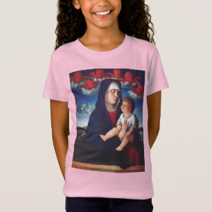 Camiseta Virgem Maria com Jesus bebê e cereias vermelhas