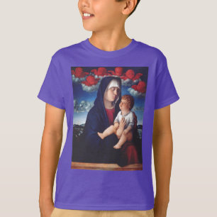 Camiseta Virgem Maria com Jesus bebê e cereias vermelhas