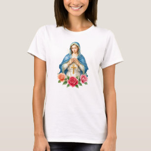 Camiseta Virgem Maria Com Rosário Católico Floral