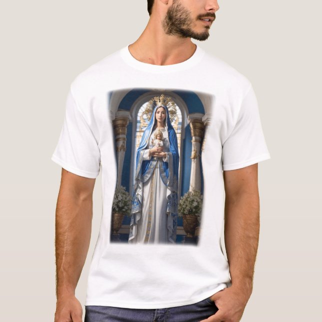 Camiseta Virgem Maria segurando Jesus bebê (Frente)