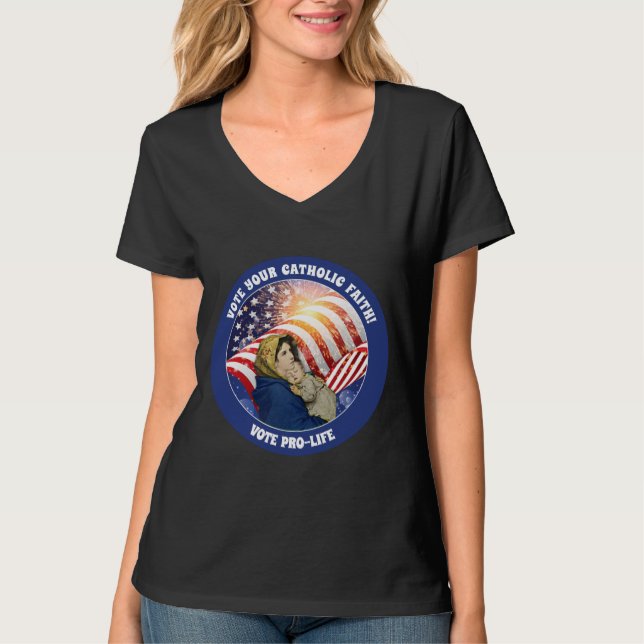 Camiseta Virgem Mary Baby Jesus Prolife American Flag Butto (Frente)