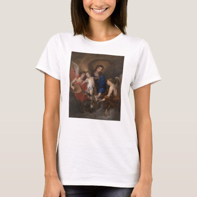 Camiseta Virgin e criança com anjos do fazer da música (Frente)