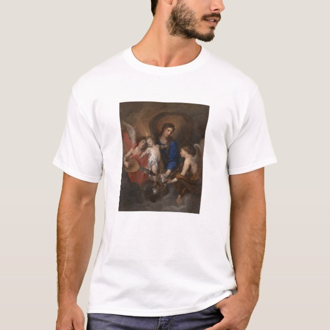 Camiseta Virgin e criança com anjos do fazer da música (Frente)