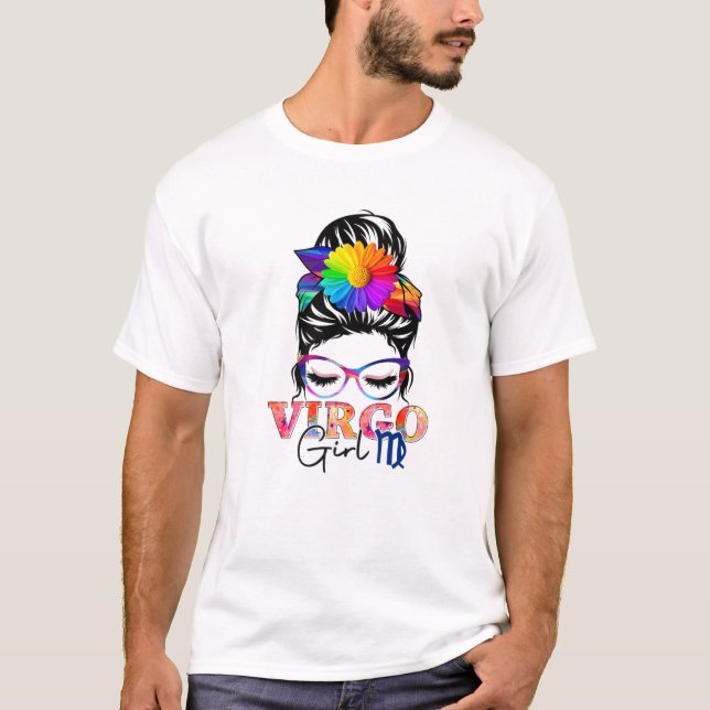 Camiseta Virgo Girl Birthday Messaging Bun Hair Floral Colo (Frente)