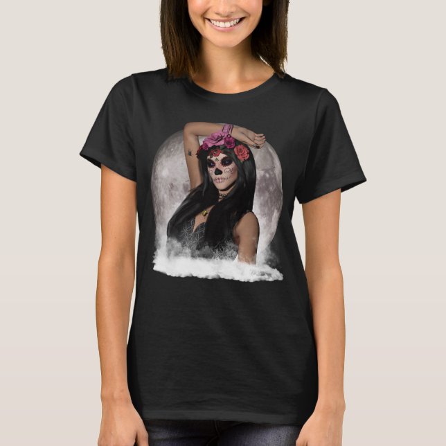 Camiseta Visão de Crânio de Açúcar Olhos Roxos sob Lua Chei (Frente)