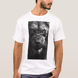 Camiseta Visão frontal do Leão Zangado Preto e Branco fotog