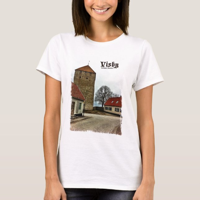 Camiseta Visby, Gotland, torre da suecia com beira clara (Frente)