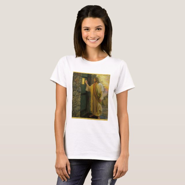 Camiseta Visitação ao amanhecer Jesus batendo em uma porta  (Frente Completa)