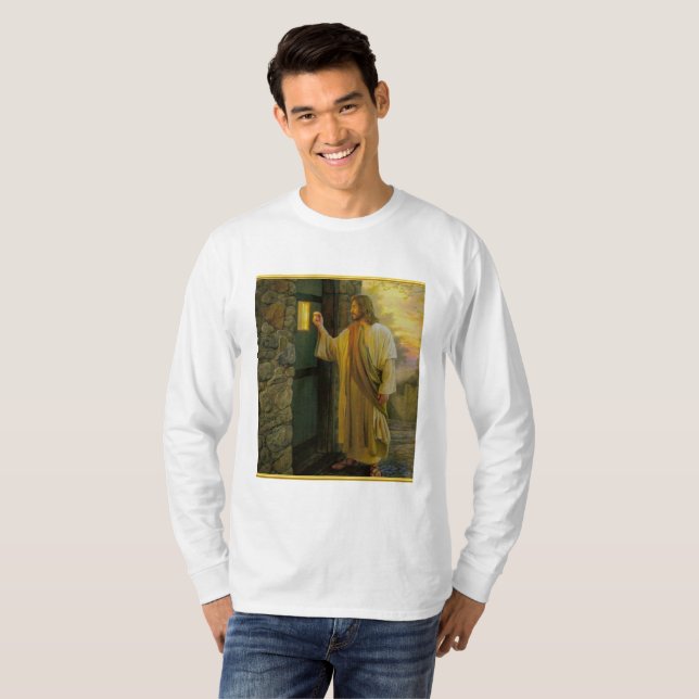 Camiseta Visitação ao amanhecer Jesus batendo em uma porta  (Frente Completa)