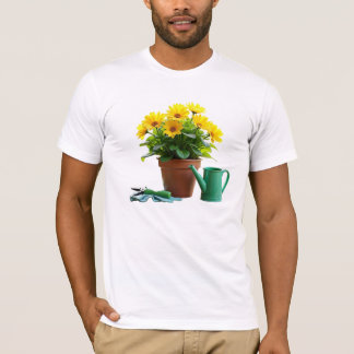 Camiseta Visitas amarelas no Pote da flor com ferramentas d