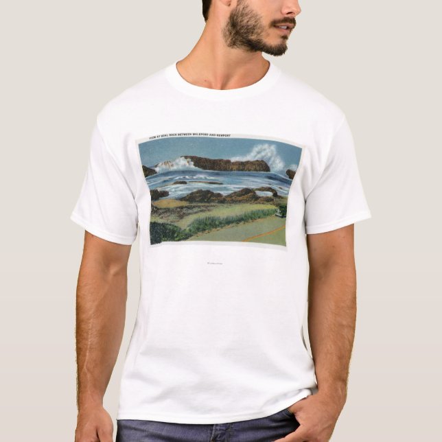 Camiseta Vista da rocha Waldport no meio do selo e (Frente)