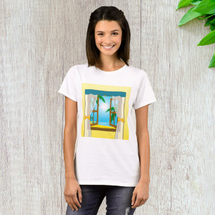 Camiseta Vista de Praia Ensolarada Através de Janela Aberta