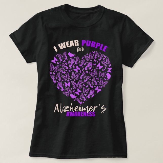 Camiseta Visto borboleta roxa Flor Coração Alzheimer A (Frente do Design)