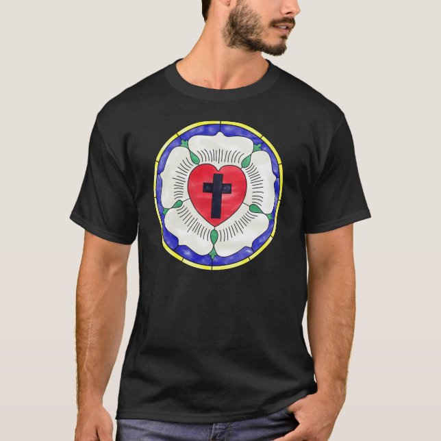 Camiseta Vitral da Rosa de Lutero (Frente)