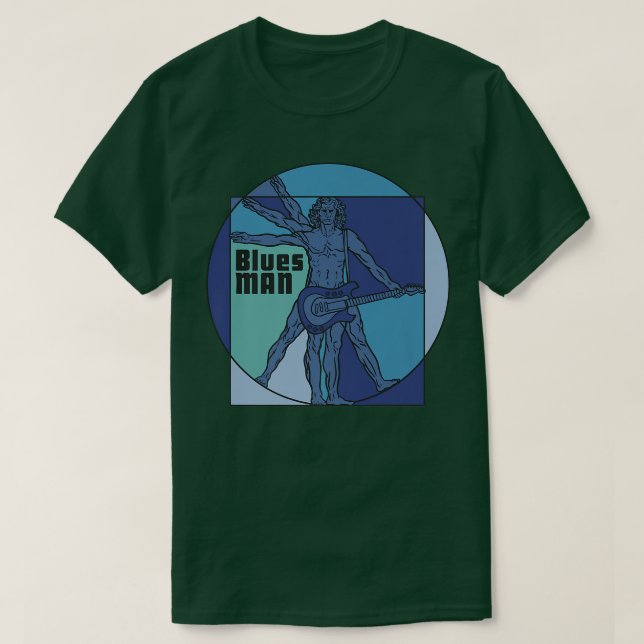 Camiseta Vitruvian Man as Blues Man playing Electrified Gui (Frente do Design)