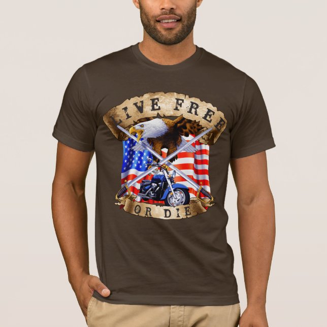 Camiseta Viva Livre ou Morra, Patriota de Moto, Águia, (Frente)