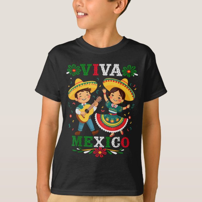 Camiseta Viva Mexico Cute Cartoon Mexican Boy &amp; Girl In (Frente)