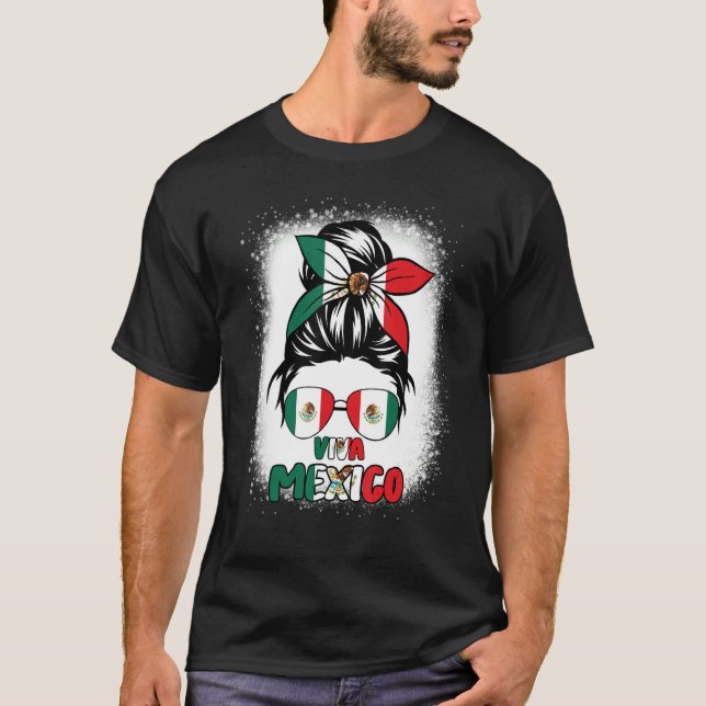Camiseta Viva Mexico  Women Messy Bun Hair Mexican Flag Pri (Frente)